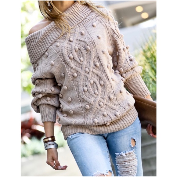 048 Cozy Off shoulder Pom Pom Oversized Sweater Top - Picture 4 of 6